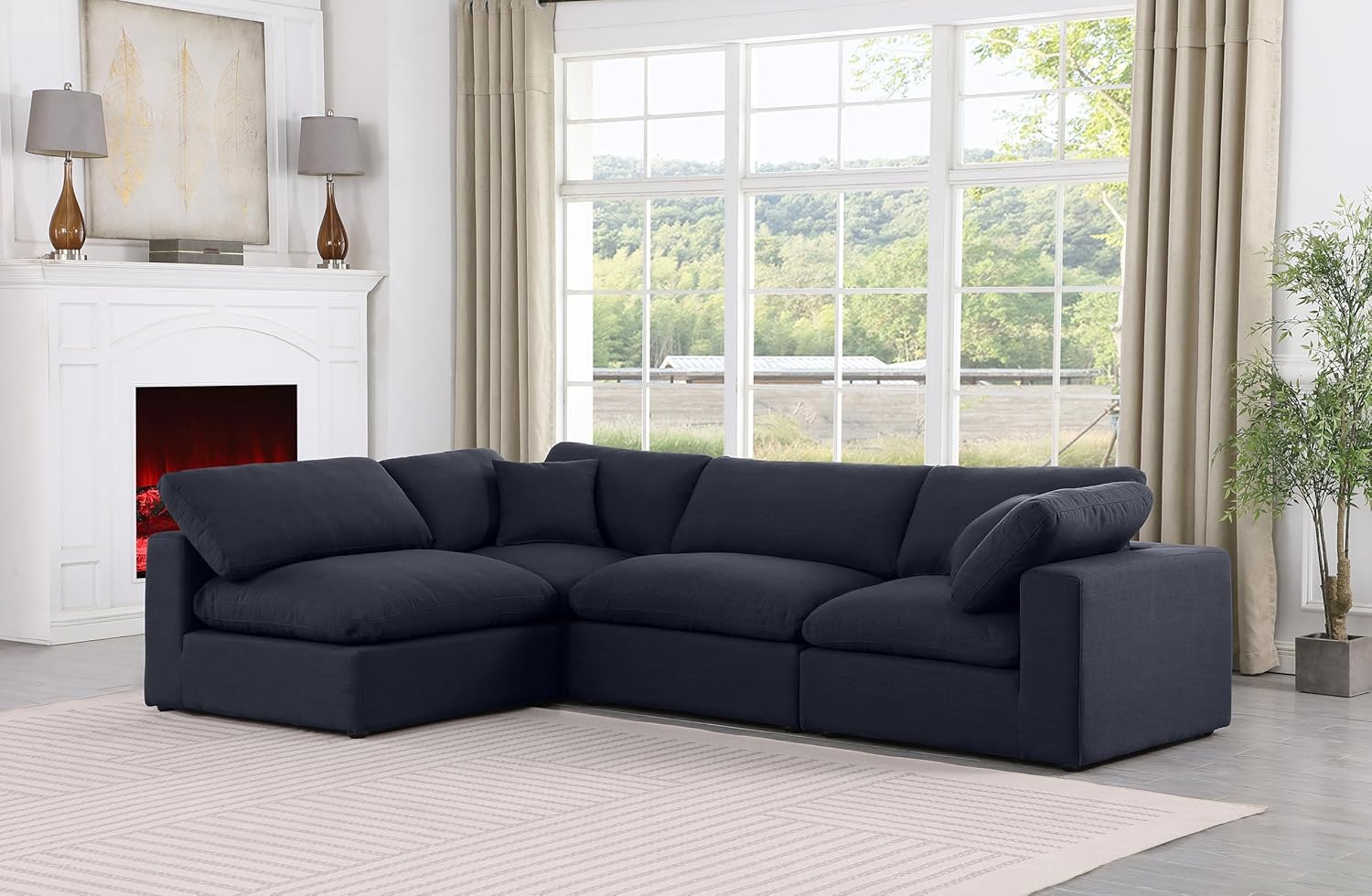 Meridian Furniture Comfy Collection Modern | Contemporary Upholstered Modular Sectional with Linen Textured Fabric, Down Feather Cushions, 119