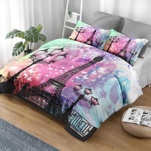 Comforter Set Full Size, Vintage Love Retro Soft Bedding Set for Kids and Adults, Paris Eiffel Tower Vintage Comforter Set with Pillowcase, for Home Bedroom Bed Decor