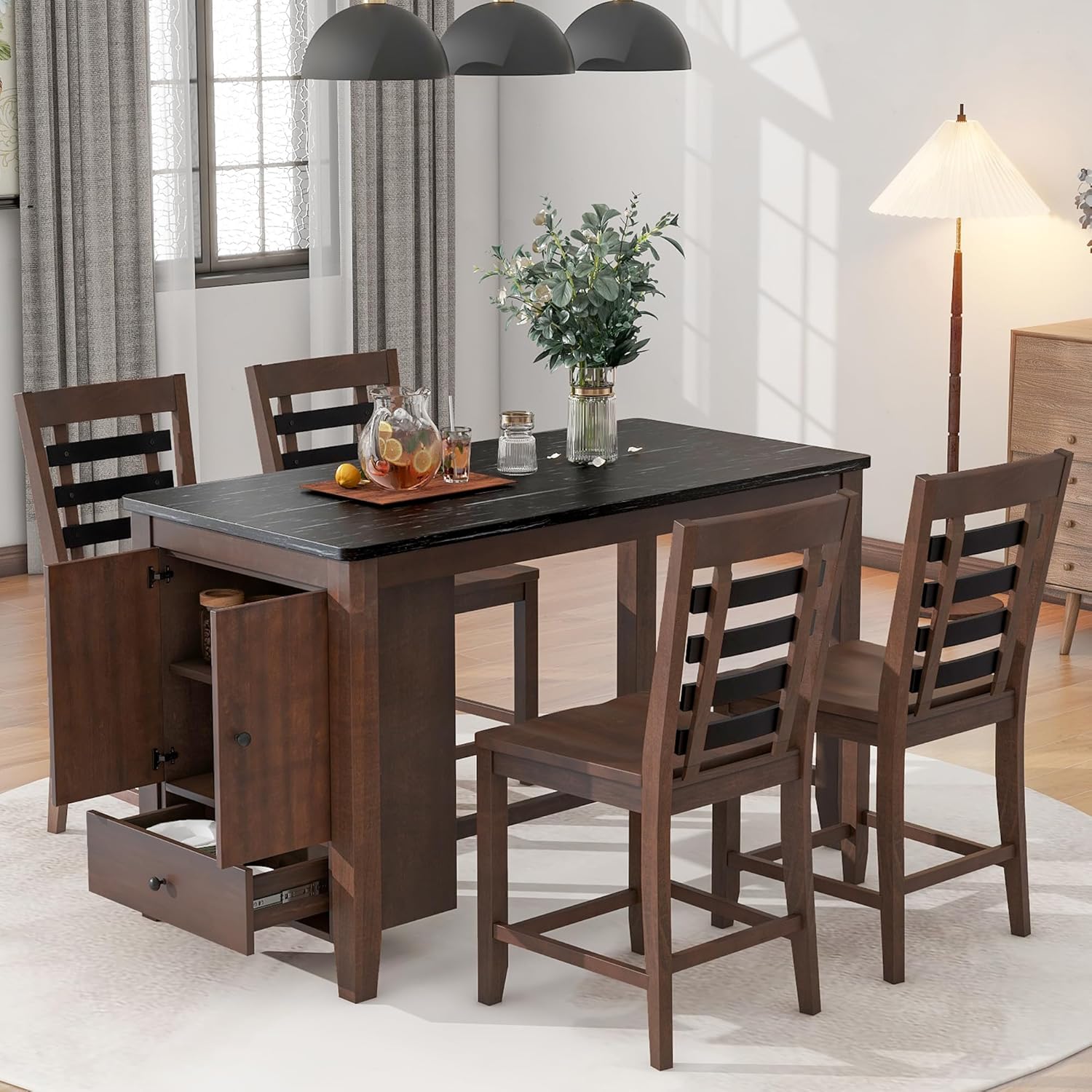 5-Piece Counter Height Wood Dining Table Set with Faux Marble Tabletop, Storage Cabinet and Drawer & 4 Matching Chairs, Dark Walnut