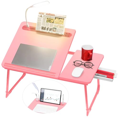 Plus XL Adjustable 17in Laptop Desk with Light, USB Port, iPad Holder, Drawer Storage - Larger 23.6IN Adjustable Lap Desk for Bed, Home Office, Breakfast Tray, Fordable Legs Desk (Pink)