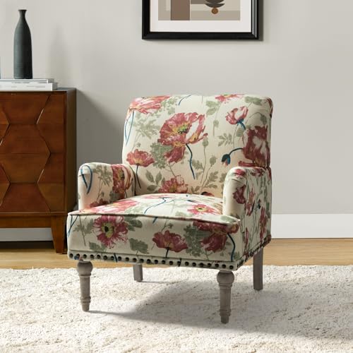 HULALA HOME Modern Armchair with Wooden Legs & Nailhead Trim, Comfy Upholstered Accent Chair for Living Room Bedroom (Floral Patterns, Indigo)