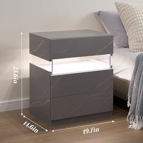 Nightstands Set of 2 LED Bedside Tables with 3 Wood Drawers LED Modern Night Stand with Acrylic Board for Bedroom Living Room
