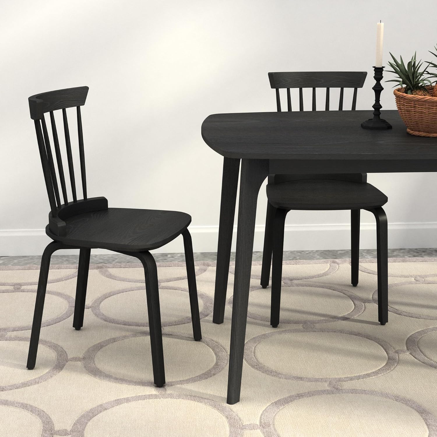 VOXIV Set of 2 Solid Wood Slat Back Windsor Chair, Dining Chairs with Spindle Back Solid Wood for Dining Room Black
