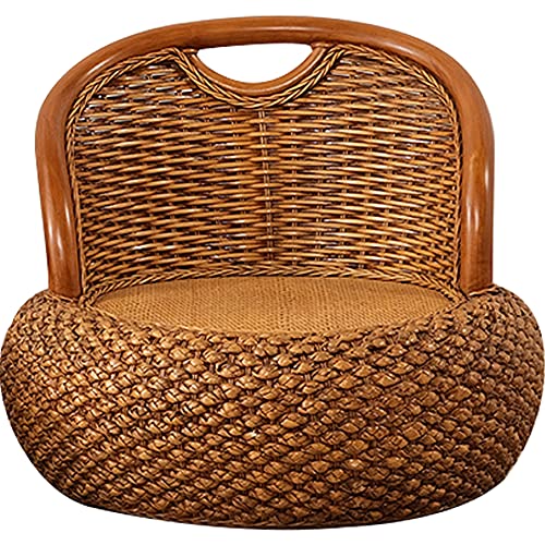 Round Rattan Floor Chair with Ergonomic Backrest Floor Lazy Chair Tatami Floor Seat Floor Meditation Chair Floor Seat Futon for Home and Office Decoration (Light Brown)