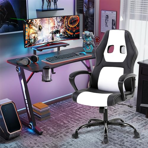 Gaming Chair with Massager, Ergonomic Office Chair Video Gaming Computer Chair Leather Desk Chair Racing Chair, Comfy Massage Chair, Silla Gamer Chair Gaming Chairs for Adults and Kids, White Chair