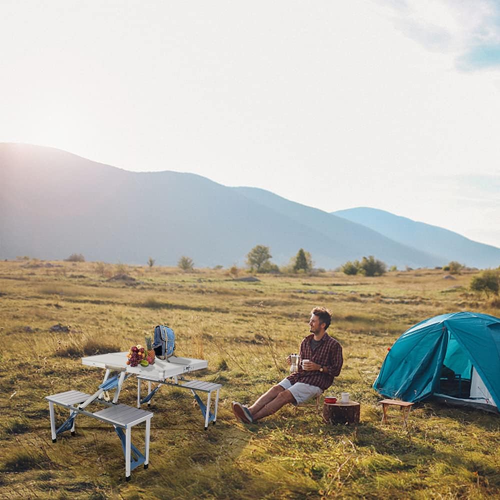 Foldable Picnic Table Portable Camping Table with Four Seats, 4ft Aluminum Integrated Fold Out Table and Chair, Light Card Table with Hand Handle and Sunshade Socket, Silver, 250lbs