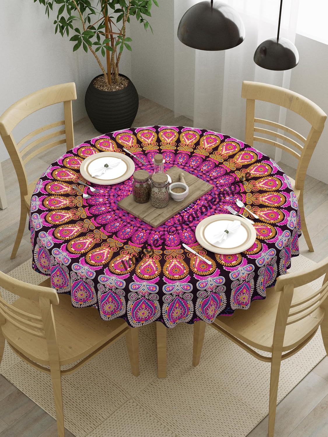 Mandala Round Pink Color Tablecloth 50 Inch Bohemian Table Cloth Tabletop Cover Decorative Mat Bho Tableclothes For Picnic Party Indoor Outdoor 50 Inches