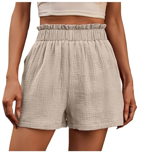 Linen Shorts for Women Elastic Waist Drawstring Shorts Summer Casual Lightweight Lounge Beach Shorts with Pockets