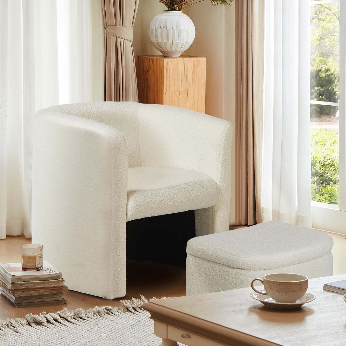 COLAMY Upholstered Barrel Chair Sherpa Fabric with Storage Ottoman Set, Modern Accent Lounge Armchair Club Chair Space-Saving for Living Room Bedroom Home Office, Cream