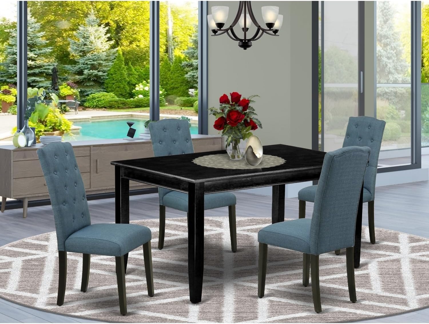 Hollywood Regency 5Pc Dining Set includes A Rectangle Dining Table and Four Parson Chairs with Blue Fabric, Black Finish