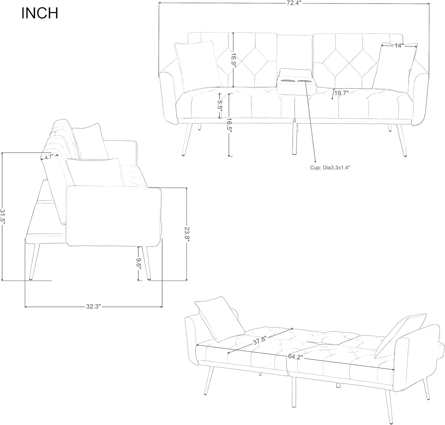 72.4'' Convertible Velvet Sleeper Sofa Bed Loveseat Futon Couch w/2 Cupholders, Metal Legs, 2 Pillows for Home, Office, Guest Room, Apartment-Pink