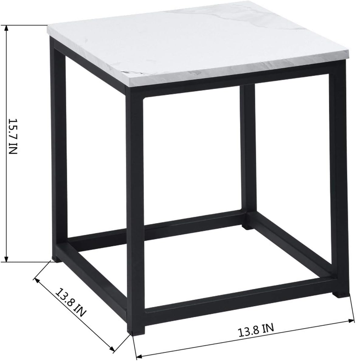 Modern Square White Marble Print End Table/Side Table with Black Metal Frame for Living Room Bedroom, 13.8''D x 13.8''W x 15.7''H
