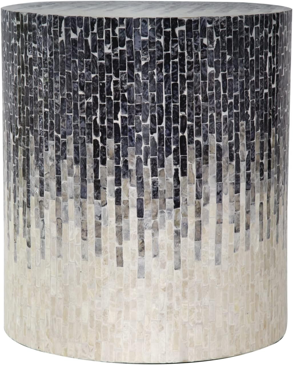 Benjara 18 Inch Capiz Accent Stool Table, Cylindrical Mosaic, Off White, Black
