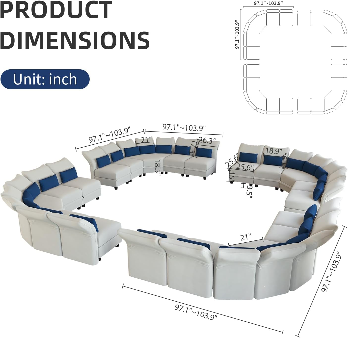 LLappuil Velvet Modular Sectional Sofa, Oversized 20-Seater U Shaped Sectional Couch with Storage Chaise, High Back Recliner Modular Couches for Living Room, Anti-Scratch White