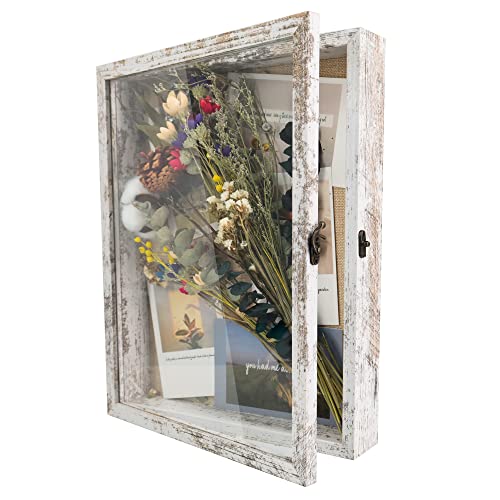 GraduationMall 5x12.5 Wood Shadow Box Frame Glass Door Display Case with Linen Back and 6 Stick Pins,1.5 inches Interior Depth,Ideal for Memorabilia Pictures Flowers Medals Tickets Rustic White