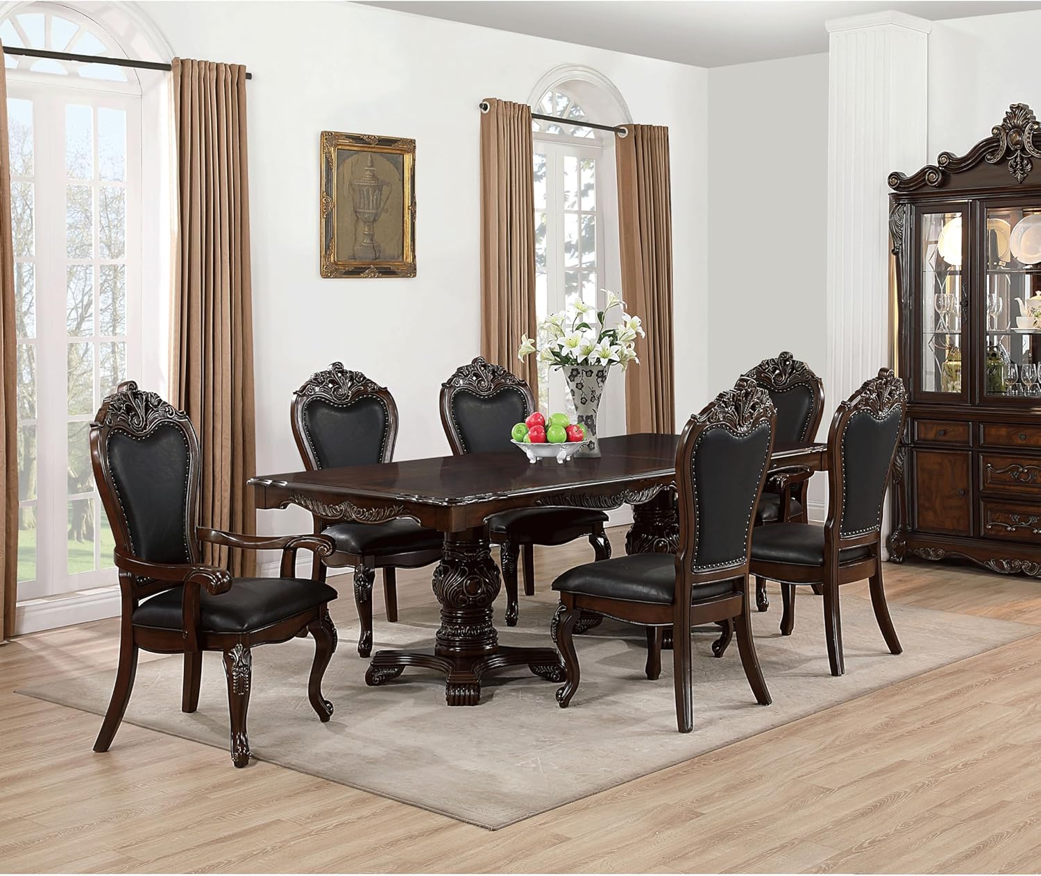 Furniture of America Adair Traditional Solid Wood 7-Piece Dining Set with Double Pedestal Expandable Table and 6 Leather Padded Side Chairs for Home, Kitchen, Living Room, Dark Cherry