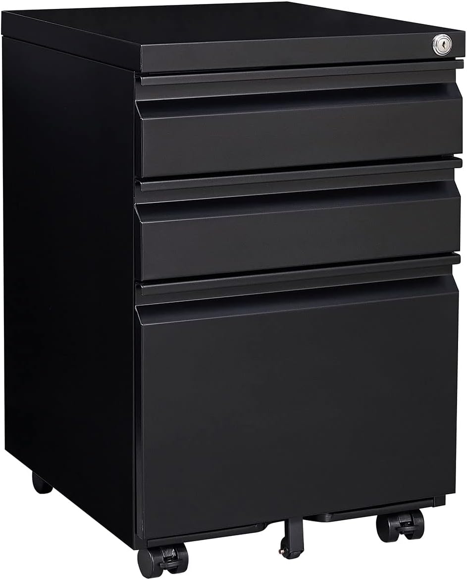 3 Drawer Metal Mobile Vertical Locking File Cabinet with Lock,Under Desk Rolling Storage for Supplies, Files Rolling Filing Cabinets for for Home Office Organizer Letters/Legal/A4 (Black2)