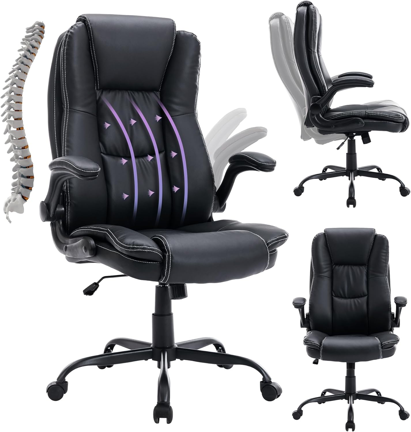 Big and Tall Office Chair,High Back Executive Office Chair with Flip-up Armrest,PU Leather Ergonomic Office Chair with Back Lumbar Support,Swivel Rolling Desk Chair with Wheels(Black)