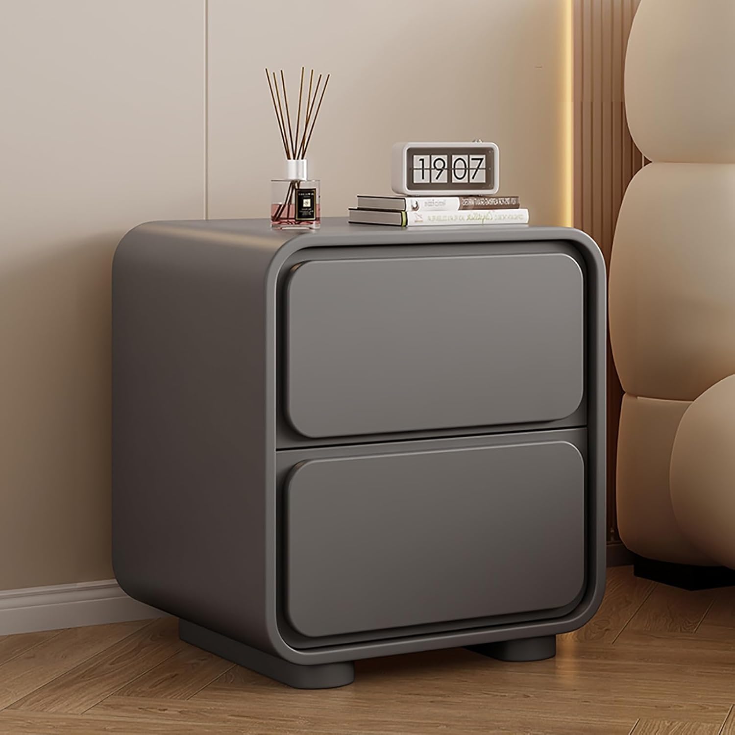 Solid Wood with Double Drawers, Side Table Cabinet with Storage, Bedroom nightstand, Modern Bedroom nightstand with Hidden Handle, Rounded Corner Design, Suitable for Bedroom, Sofa, etc.