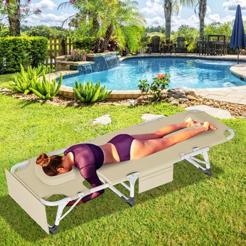 H&ZT 3in1 Tanning Chair Beach Chaise Lounge with Face Hole, with Mattress, 450LB Heavy Duty Adjustable, Removable Pillow & Carry Handle, Sunbathing Chair for Patio, Poolside (tanning chair, Beige)