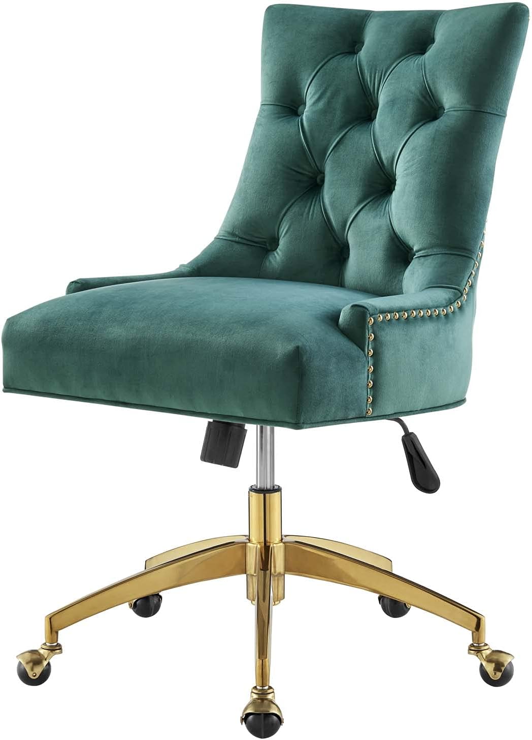 Computer Work Desk Tufted Chair, Velvet, Gold Teal Blue, Modern Contemporary, Home Business Office