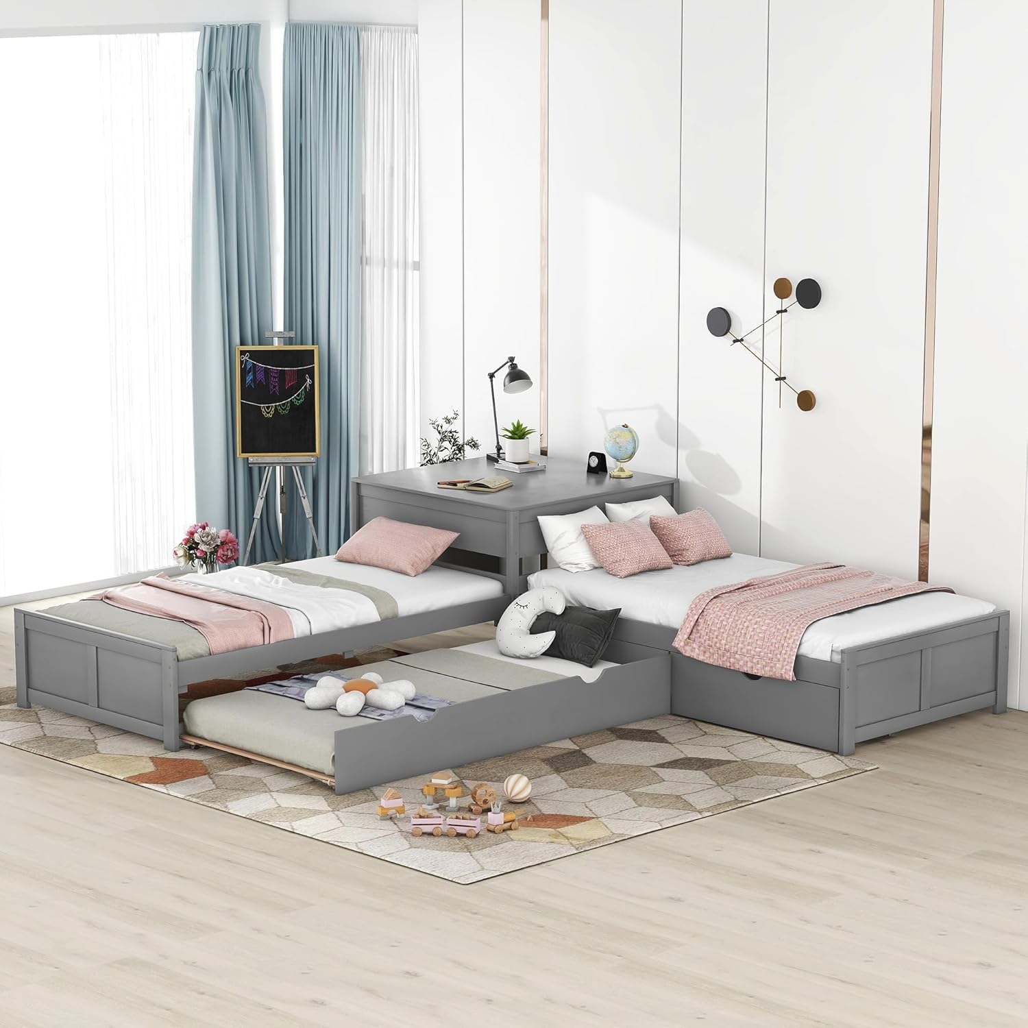 CITYLIGHT L-shaped Platform Bed with Trundle and Drawers Linked with built-in Desk, Wood Corner Bed with 3 Twin Beds for Kids Girls Boys Teens Bedroom (Twin,Espresso)