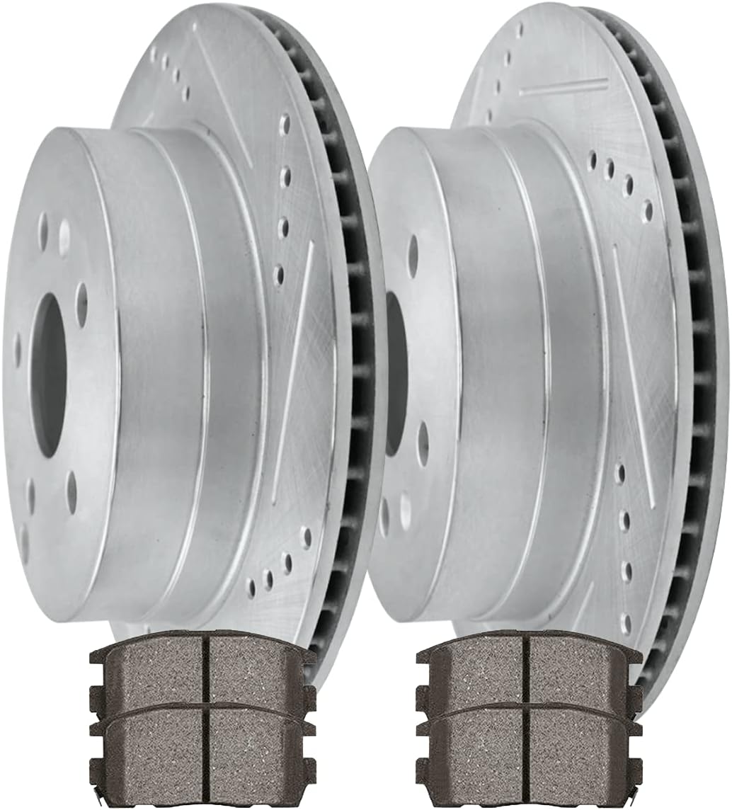 AutoShack Rear Drilled and Slotted Brake Kit Rotors Silver and Ceramic Pads Pair of 2 Driver and Passenger Side Replacement for 2010-2017 Chevrolet Equinox 2010-2017 GMC Terrain AWD FWD BRKPKG003962