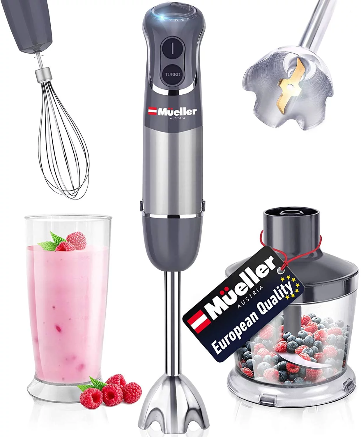 Mueller Austria Hand Blender, Smart Stick 800W, 12 Speed and Turbo Mode, 3-in-1, Titanium Steel Blades, Comfygrip Handle, with Whisk, Chopper/Grinder Bowl and Beaker/Measuring Cup
