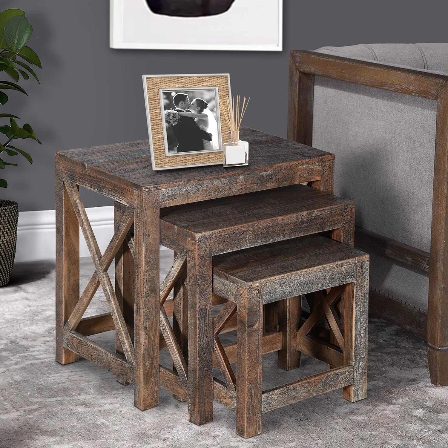 The Urban Port Rustic Rectangular Farmhouse Mango Wood Nesting Table with X Side Panels, Set of 3, Brown