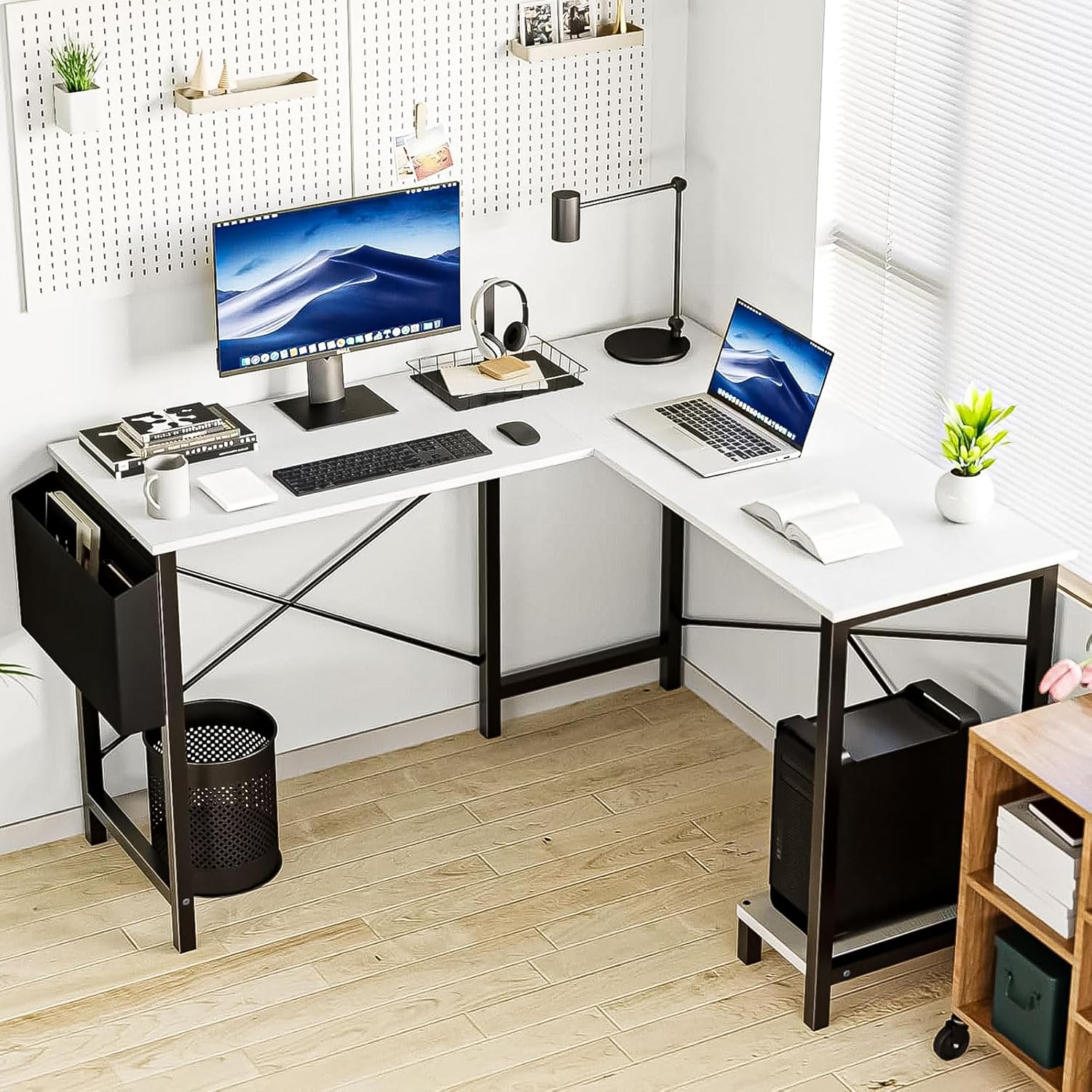 L Shaped Computer Gaming Desk, 50 Inch Corner PC Wooden Table with CPU Stand Side Bag Reversible, Small Space Study Writing Desk for Home Office, Bedroom, White