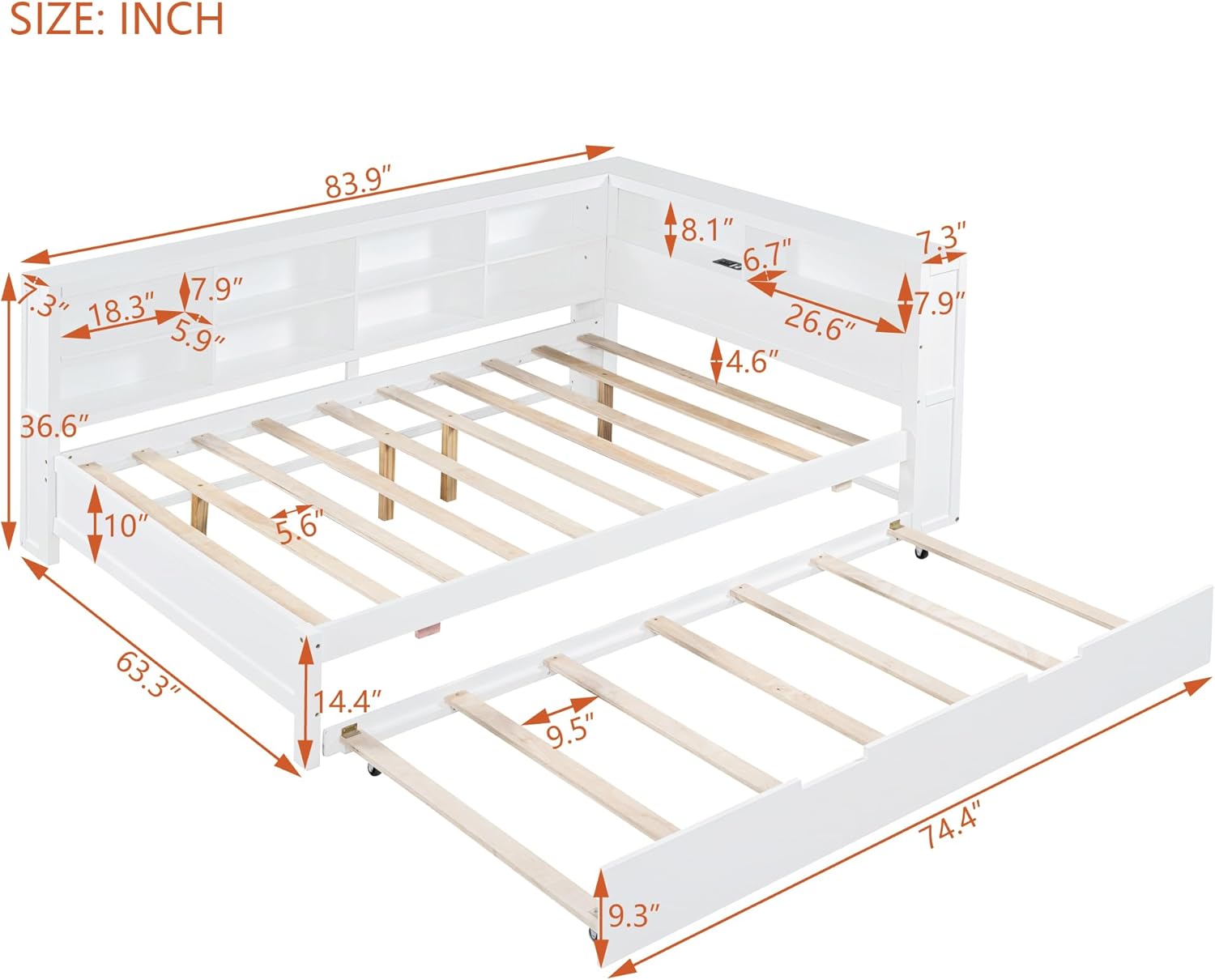 Full Size Wooden Daybed with Pull-out Trundle, Two Side Double-layer Storage Shelf and USB Charging Ports, Space-Saving Sofa Bed Wood Slat Support Mattress Foundation No Box Spring Needed