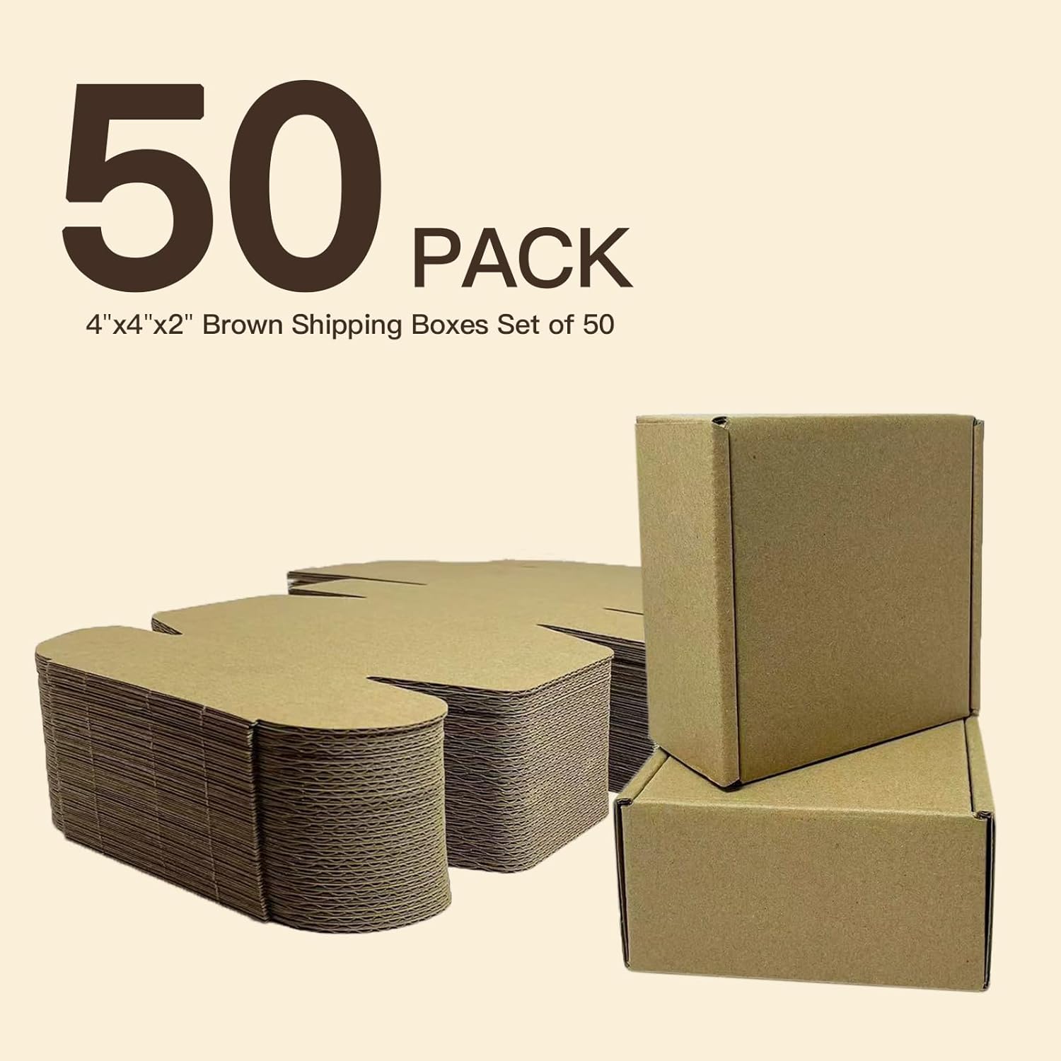 Rong Yang Tong 4x4x2 inch Small Shipping Boxes Pack 50, Brown Corrugated Cardboard Mailer Boxes for Packing Mailing Small Business Gift Packing