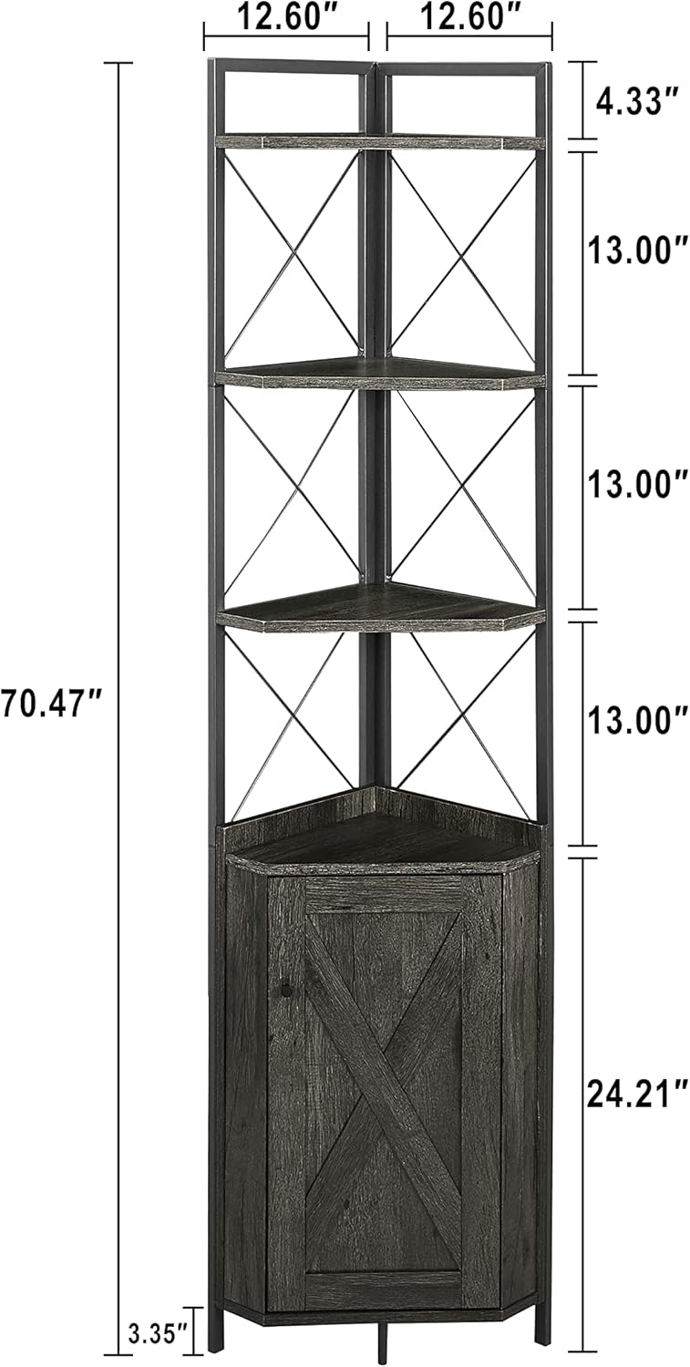 Corner Shelf 5-Tier with Cabinet, Free-Standing Storage Rack Living Room Display Shelf, Wall Corner Bookshelf Multi Unit Organizer, for Bedroom, Living Room, Kitchen, Bathroom, Dark Grey