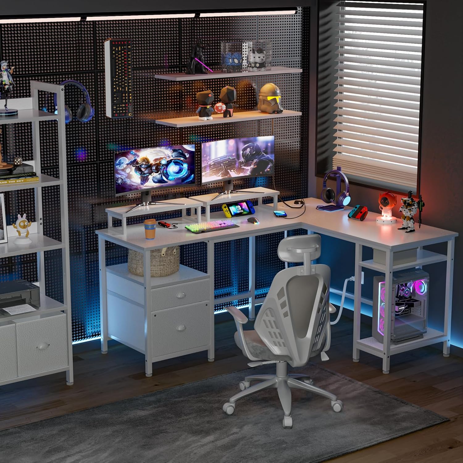 Furologee White 59” L Shaped Desk and Nightstands Set of 2, Small Bed Side Table with Fabric Drawer for Small Spaces,e for Living Room, Bedroom, Dorm