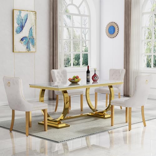 Henf White Marble Dining Table Set for 6, 7 Piece Modern Faux Marble Kitchen Dining Table and 6 Grey Velvet Upholstered Chairs w/Stainless Steel Legs, Luxury Gold Kitchen Dining Table and Chairs Set