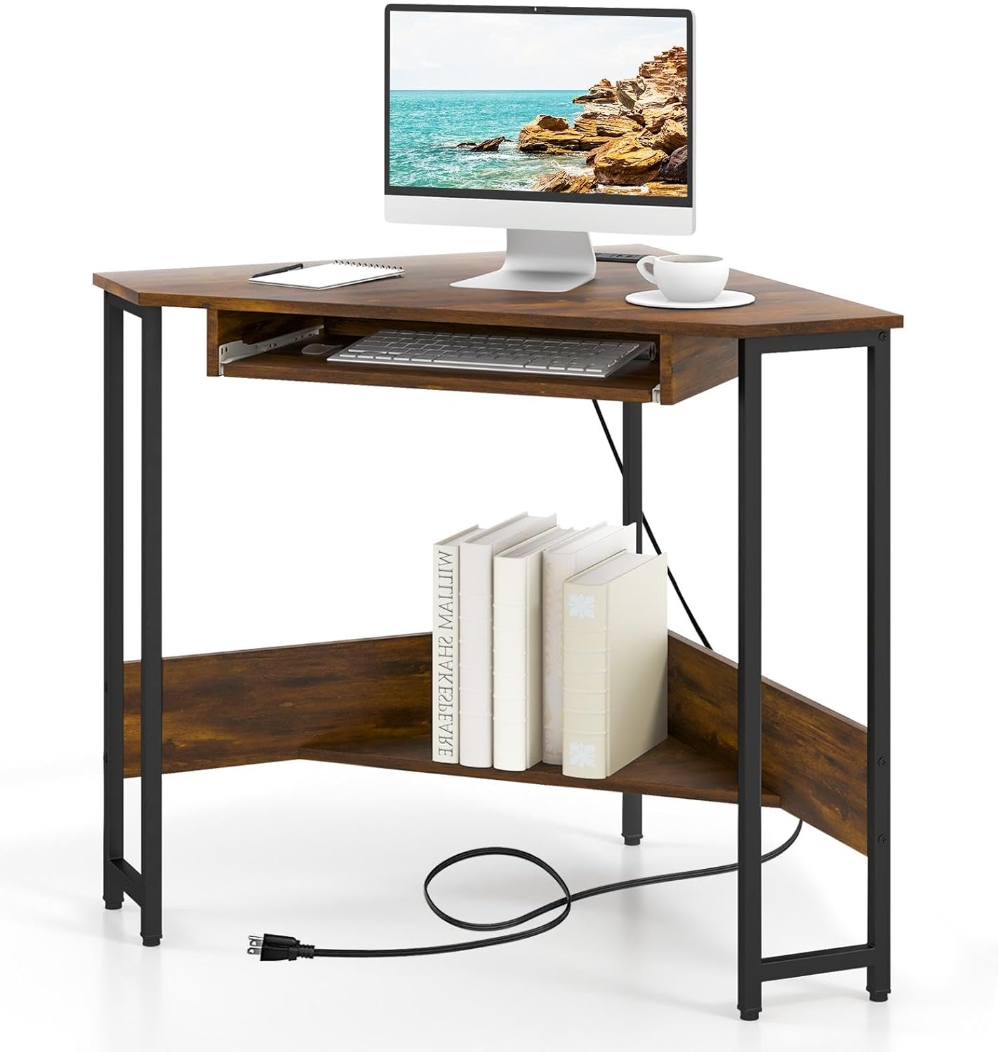 Corner Desk with Outlets & USB Ports, Computer Desk W/Storage Shelf & Keyboard Tray for Small Space, Industrial Small Side Table for Home Office Workstation, Rustic Brown