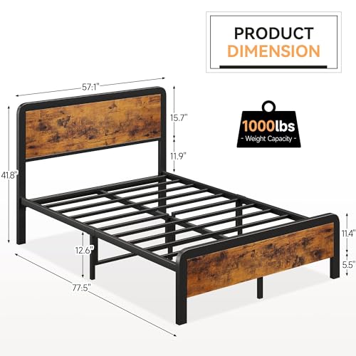 IDEALHOUSE Queen Size Bed Frame,Wood Platform Bed Frame with Headboard and Footboard,Safety Rounded Corners and Metal Slat Support,Metal Bed Frame with No Box Spring Needed,Rustic Brown