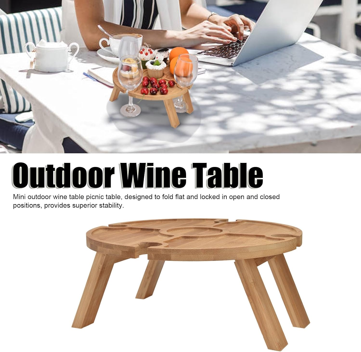 Folding Picnic Table with Wine Glass Holder, Portable Wine Table, 2 in 1 Portable Wine Glass Rack and Compartmental Dish Outdoor, Snack Tray Table for Cheese and Fruit, Camping, 11.8 in Diameter