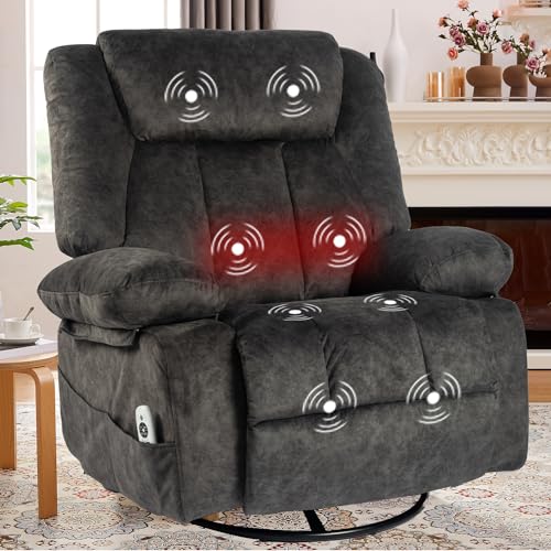 Massage Swivel Rocker Recliner Chairs with Heat Overstuffed Fabric Manual Massaging Recliners for Adults, Reclining Rocking Glider Chairs for Living Room (9181M Dark Grey)