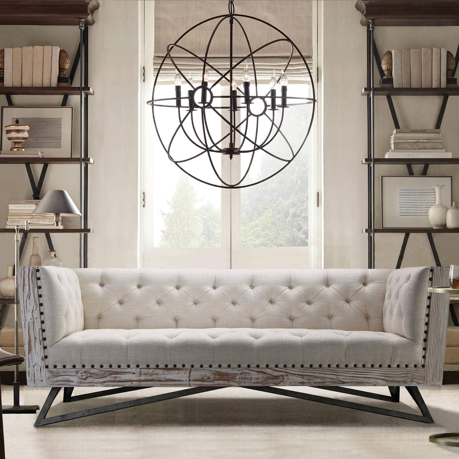 Armen Living Regis Sofa in Cream and Gunmetal Finish