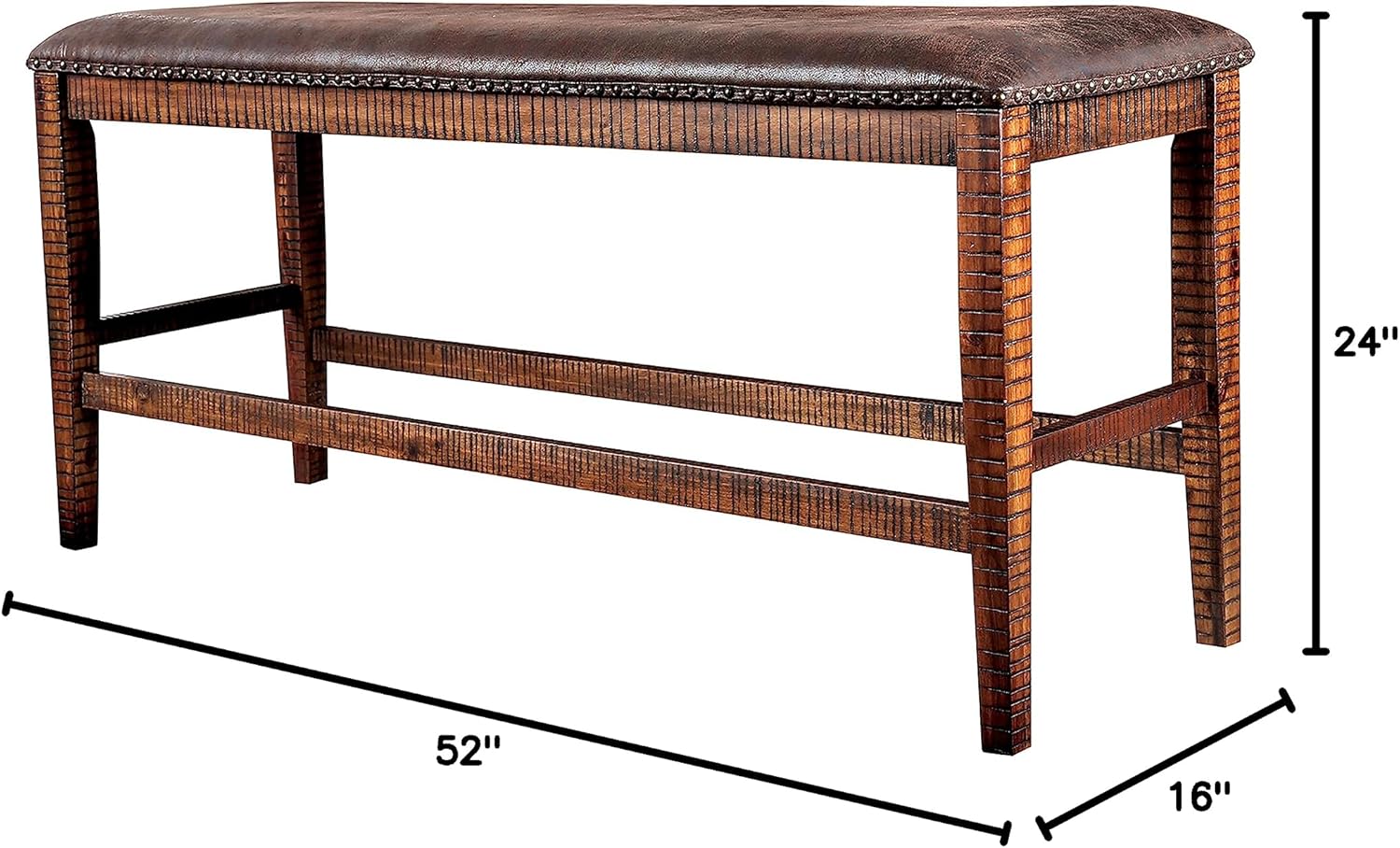 PayLessHere Rustic Counter Height Dining Bench with Leather Upholstered Nailhead Trim and Solid Wood Leg for Dining Room Kitchen Living Room Bedroom,Distressed Dark Oak