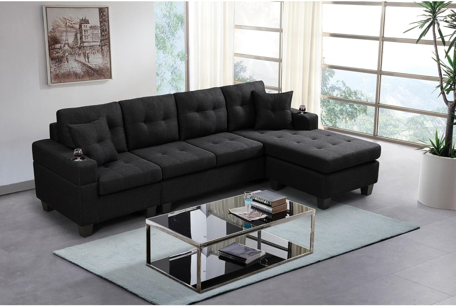 Overstock Polyester Fabric Sectional Sofa Black