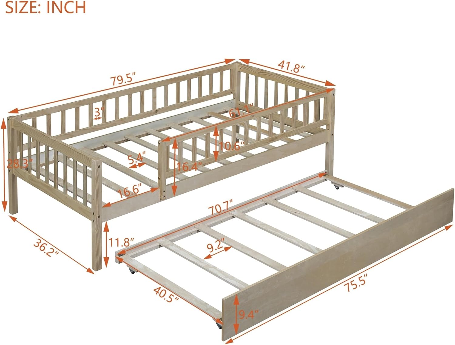 Natural Pine Wood Daybed with Roll-Out Trundle: Fence Guardrails Space-Saving Design Brown Modern Contemporary Includes Hardware