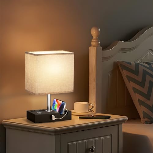 Kakanuo Table Lamp for Bedroom with Dual USB Ports, Beige Fully Dimmable Bedside Lamp with Phone Stands and 2 Charging Outlets, Desk Lamp for Nightstand and Living Room, LED Bulb Included