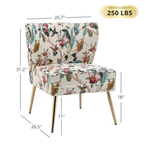 Armless Accent Chair with Gold Metal Legs, Modern Comfy Tufted Living Room Chair, Velvet Upholstered Floral Side Chair, Mid Century Slipper Chair for Bedroom, Flower Print, Blue