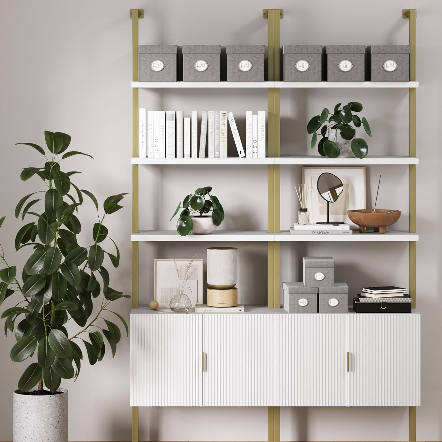Nathan James Theo Mid-Century Modern Bookcase with Cabinet Fluted Texture, White Open Shelves and Brass Metal Frame Living Room, Home Office Storage, Set of 2