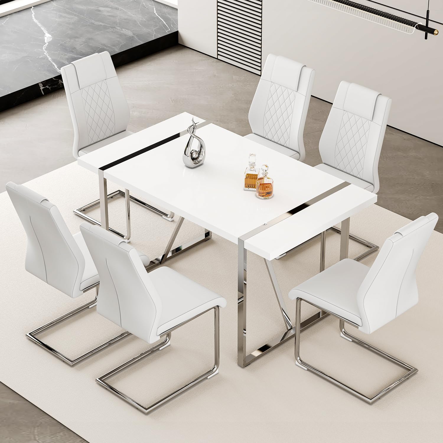 55‘’ Modern Dining Table Set for 6, White Dining Tabletop and Silver Metal Frame, Rectangle Dining Room Table with 6 White Upholstered Dining Chairs. Dinner table Set for Kitchen and Dining Room.