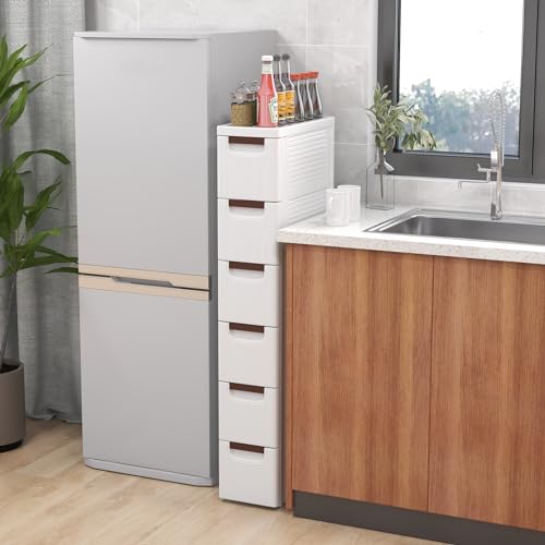 LOKO 5-Drawer Narrow Storage Cabinet, Slim Rolling Cart, Mobile Plastic Cart Container with Pull Handles, Built-in Wheels, for Living Room, Kitchen, Bathroom, Office (7.5