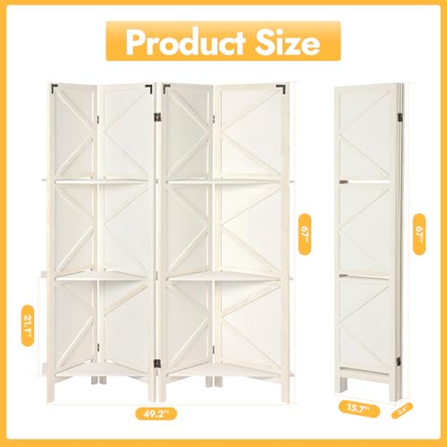 4 Panel Farmhouse Room Divider, 5.6Ft Tall Solid Wood Folding Room Divider Screen with Display Shelves, Rustic Room Dividers for Bedroom, Home, Office,White