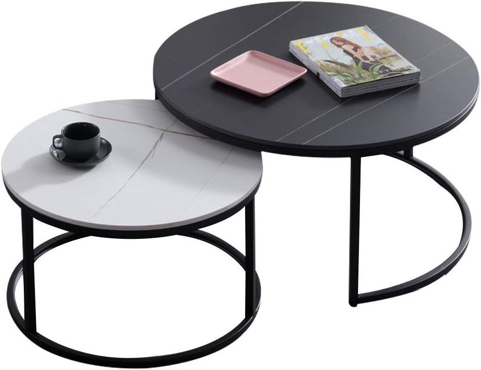 Morden Sofa Coffee Side Table 2 Piece Occasional Tea Tables Nest of Tables for Living Room Office Sintered Stone Top Easy to Clean (Ø80cm+Ø60cm)